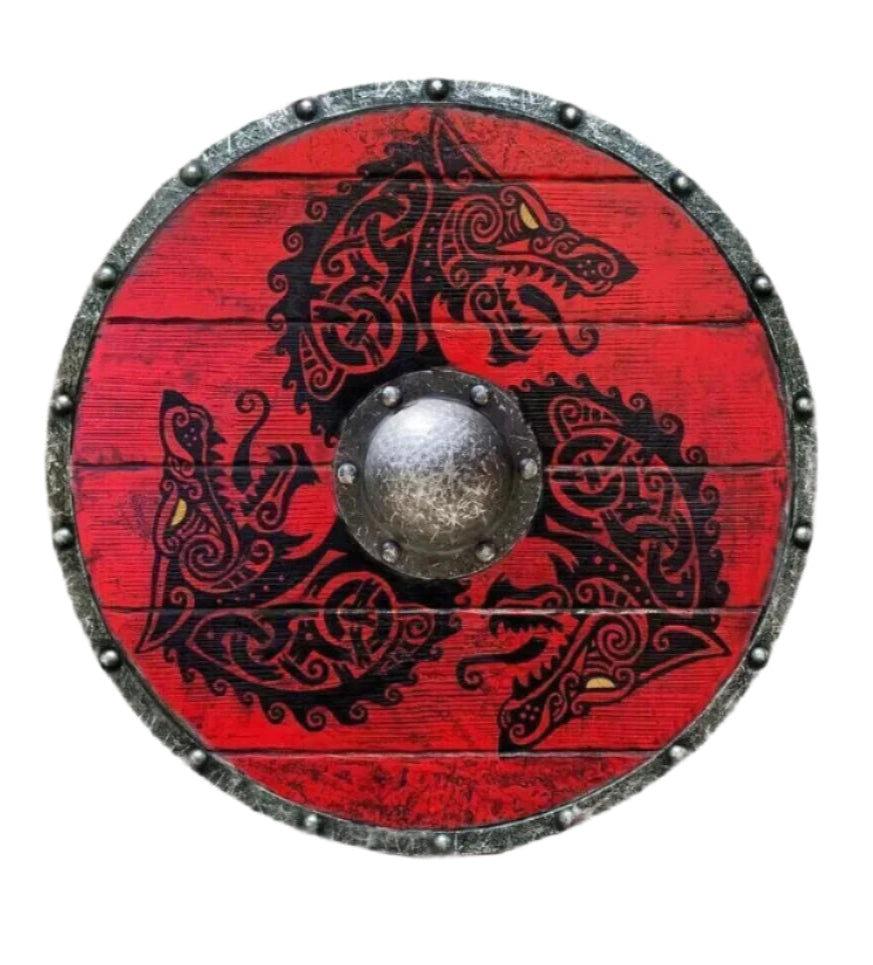 Fenrir Red Wolf Viking Shield – 24" Handcrafted Wooden Round Shield | Battle-Worn Norse Decor | Medieval LARP & Cosplay Armor Prop