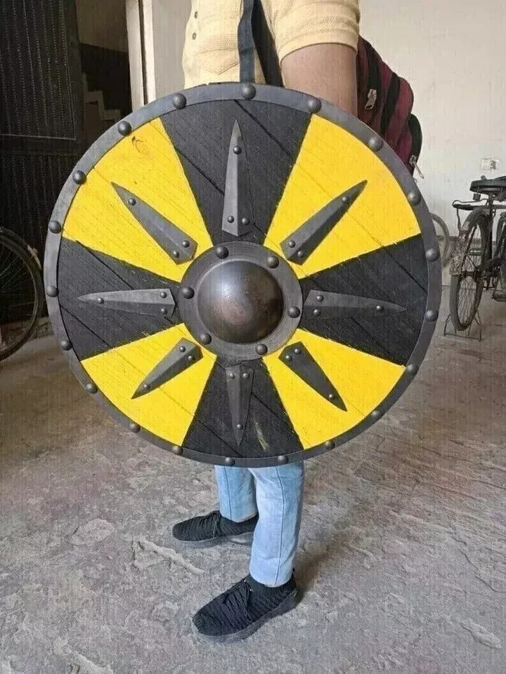 Authentic Handmade Viking Shield 24" – Yellow & Black Sunburst Design | Jarl Borg Battle Ready Norse Wooden Shield for LARP, Cosplay & Wall Decor