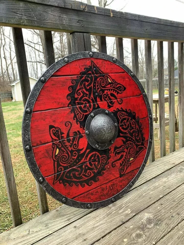 Fenrir Red Wolf Viking Shield – 24" Handcrafted Wooden Round Shield | Battle-Worn Norse Decor | Medieval LARP & Cosplay Armor Prop