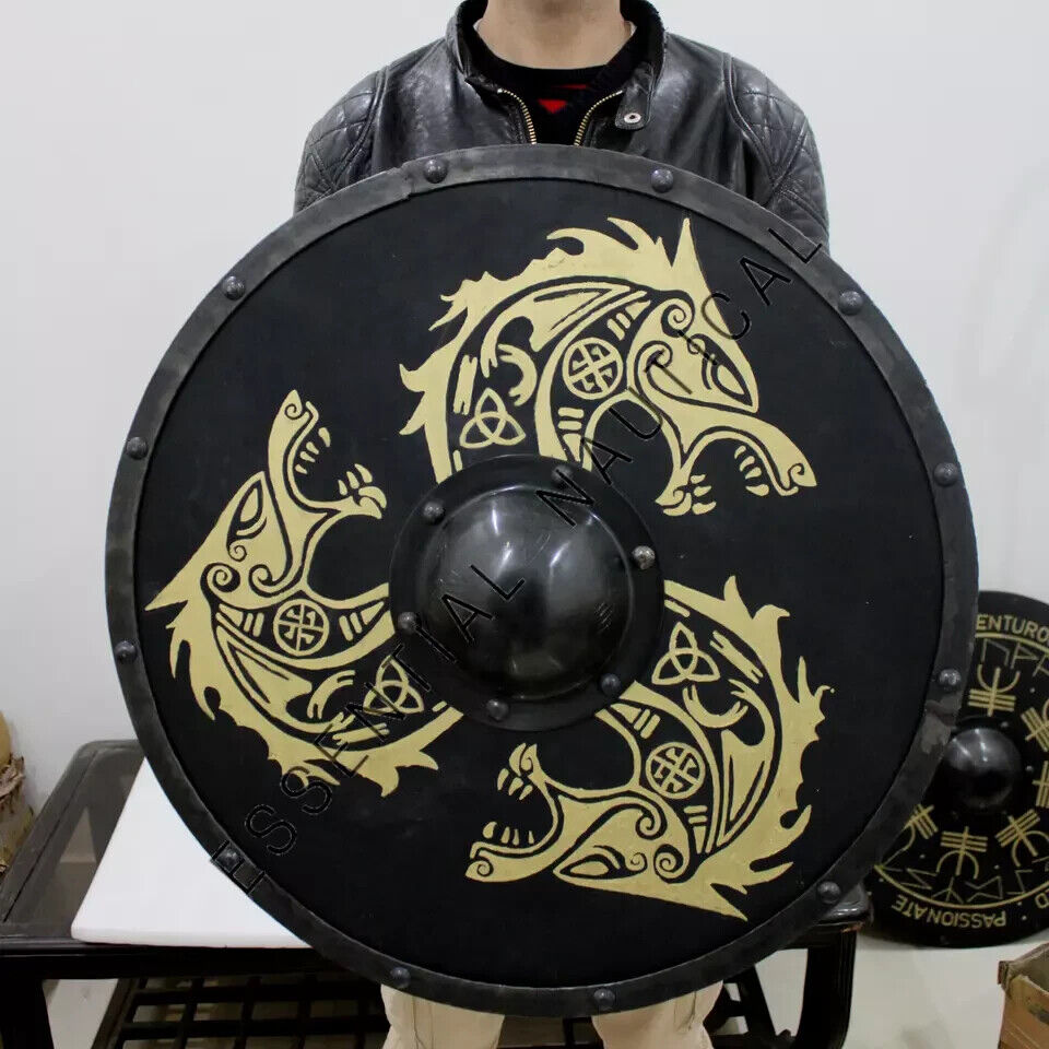 Viking Shield , Dragon Valhalla Wooden Round Shield , Triple Norse Black Beast Battle Shield , Halloween Gift