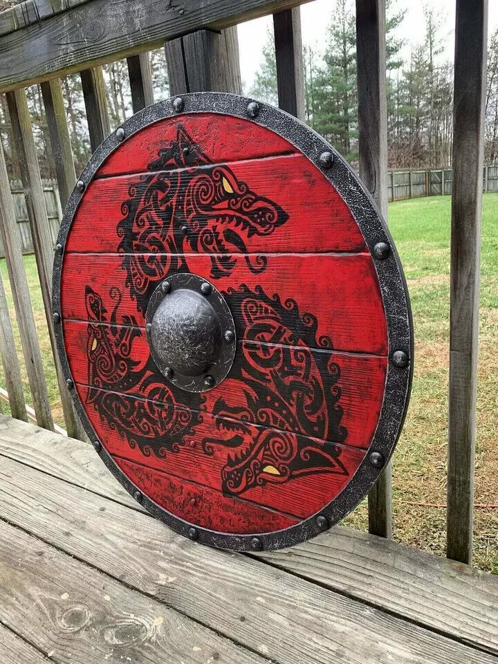 Fenrir Red Wolf Viking Shield – 24" Handcrafted Wooden Round Shield | Battle-Worn Norse Decor | Medieval LARP & Cosplay Armor Prop
