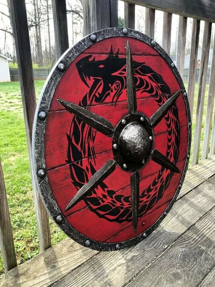 Medieval RED Ouroboros Battleworn Viking Shield .