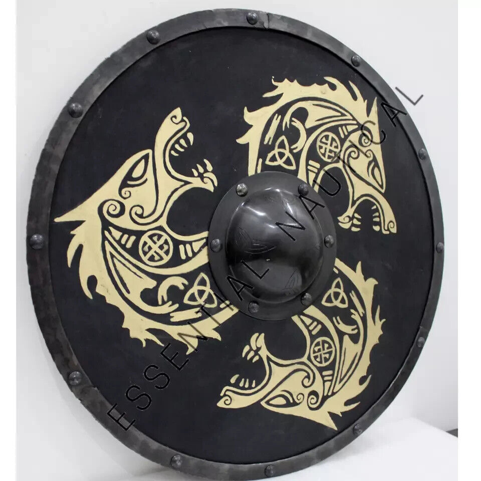 Viking Shield , Dragon Valhalla Wooden Round Shield , Triple Norse Black Beast Battle Shield , Halloween Gift