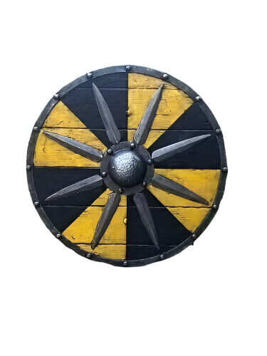 Authentic Handmade Viking Shield 24" – Yellow & Black Sunburst Design | Jarl Borg Battle Ready Norse Wooden Shield for LARP, Cosplay & Wall Decor