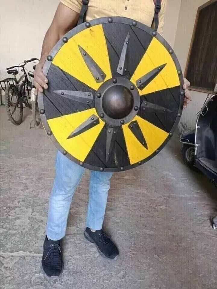 Authentic Handmade Viking Shield 24" – Yellow & Black Sunburst Design | Jarl Borg Battle Ready Norse Wooden Shield for LARP, Cosplay & Wall Decor