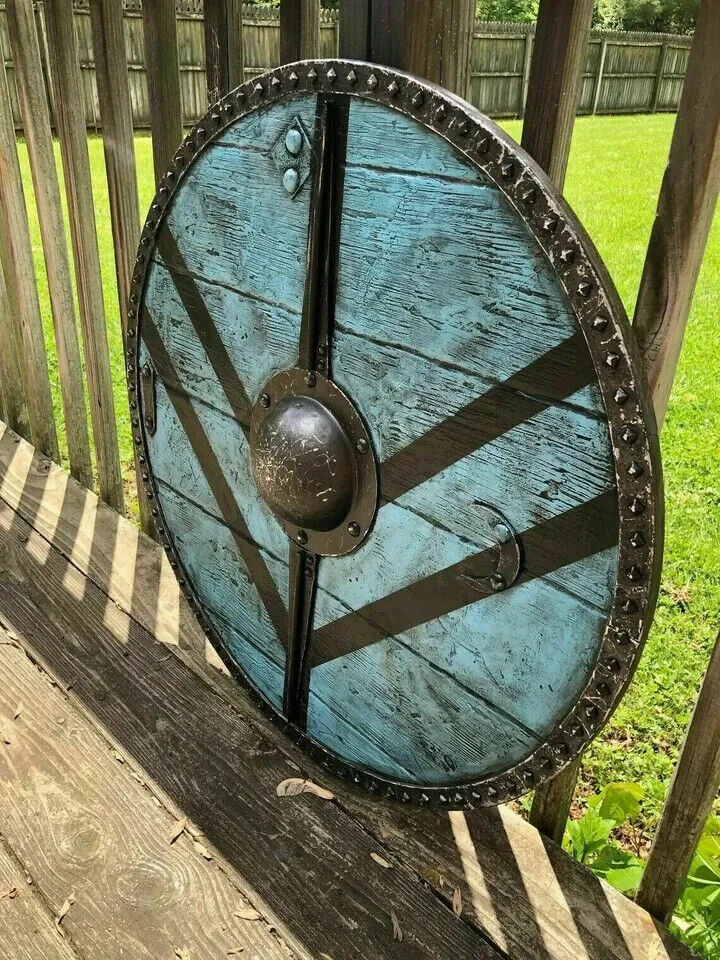 Authentic Viking Shield – Blue Finish, Black Chevron Pattern, 24" with Iron Boss .