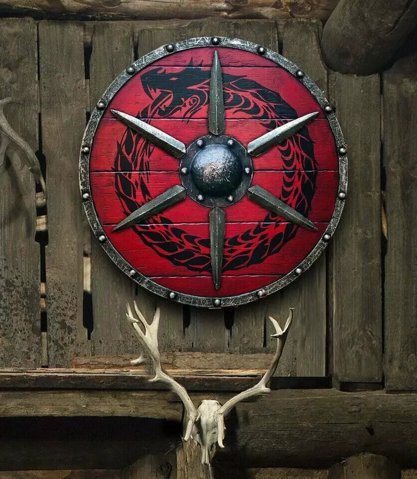 Medieval RED Ouroboros Battleworn Viking Shield .