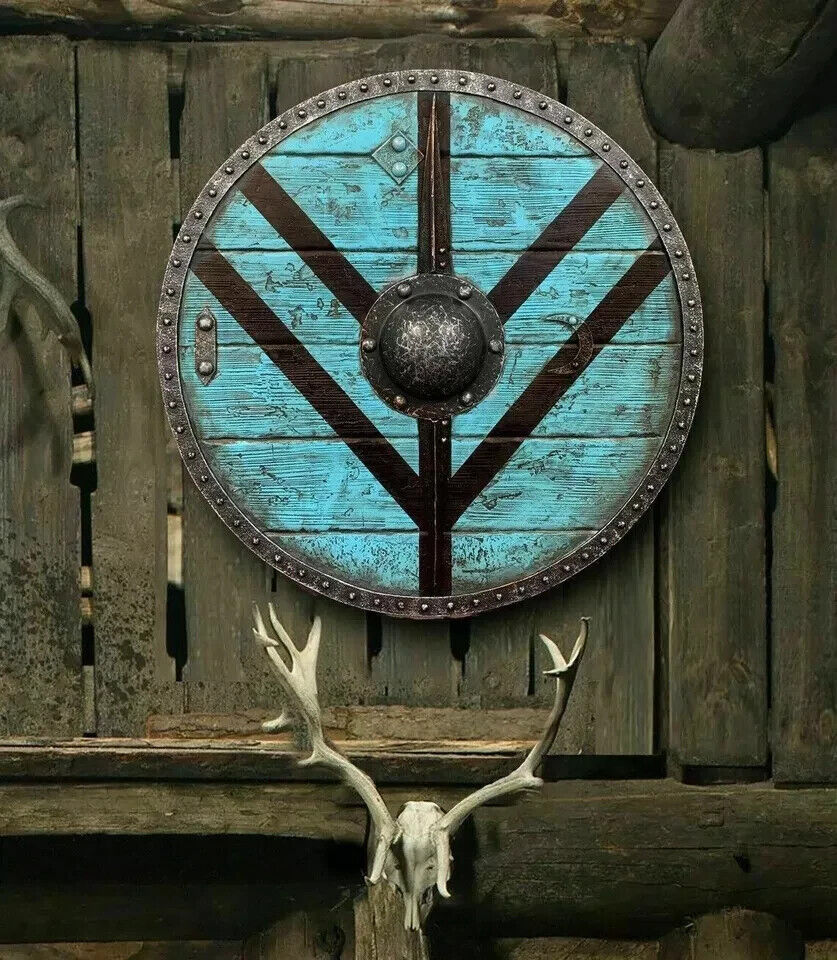 Authentic Viking Shield – Blue Finish, Black Chevron Pattern, 24" with Iron Boss .