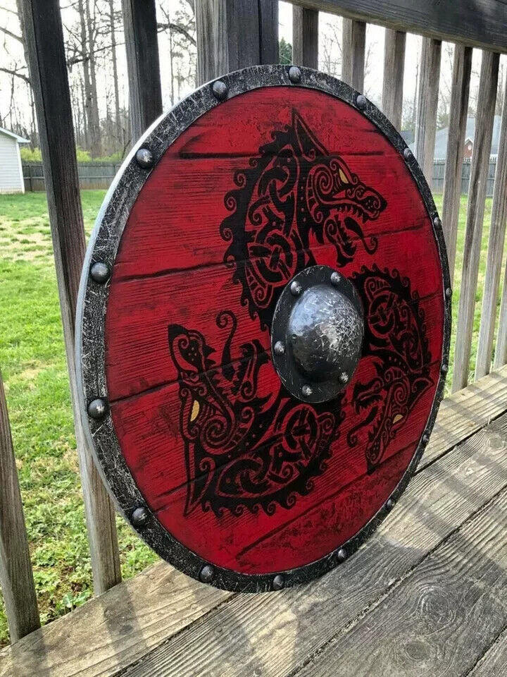 Fenrir Red Wolf Viking Shield – 24" Handcrafted Wooden Round Shield | Battle-Worn Norse Decor | Medieval LARP & Cosplay Armor Prop