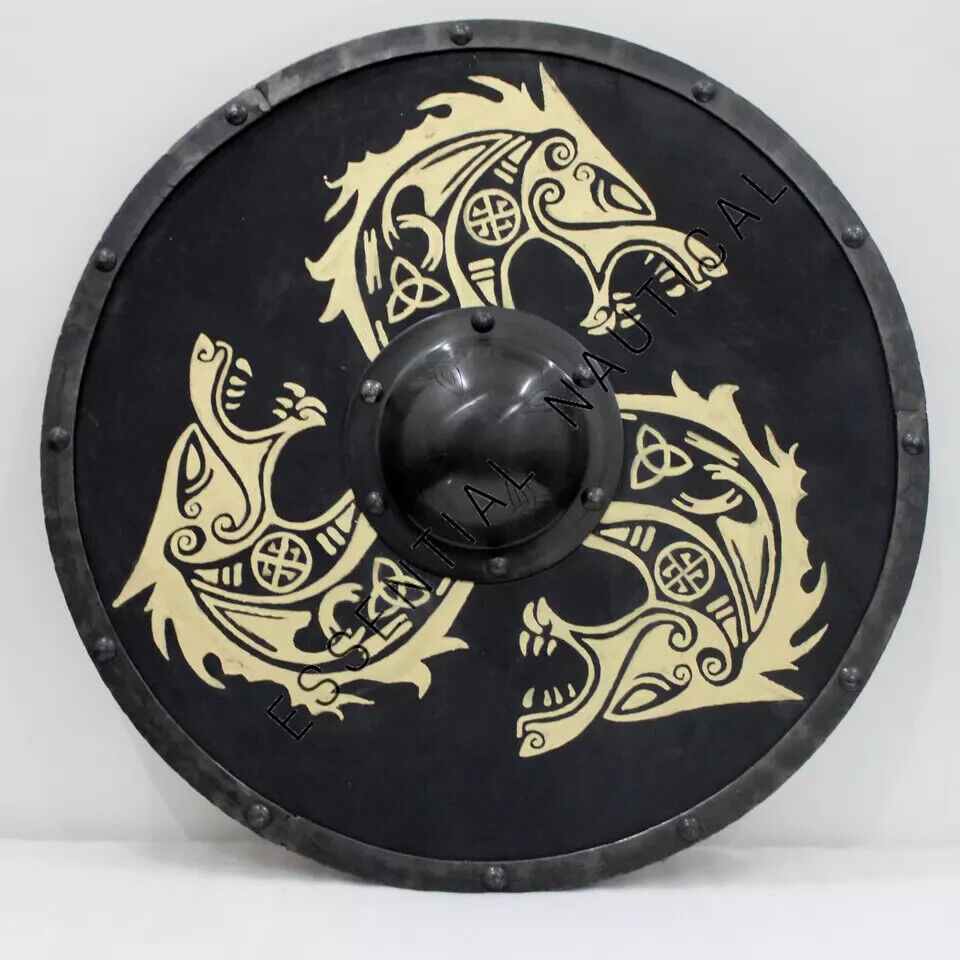 Viking Shield , Dragon Valhalla Wooden Round Shield , Triple Norse Black Beast Battle Shield , Halloween Gift