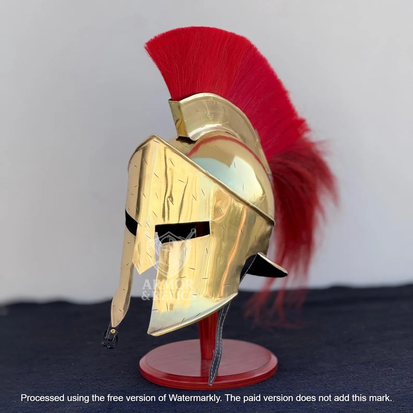 Golden Spartan Helmet – King Leonidas 300 Movie Authentic Replica Steel Knight Helmet with Wooden Display Stand