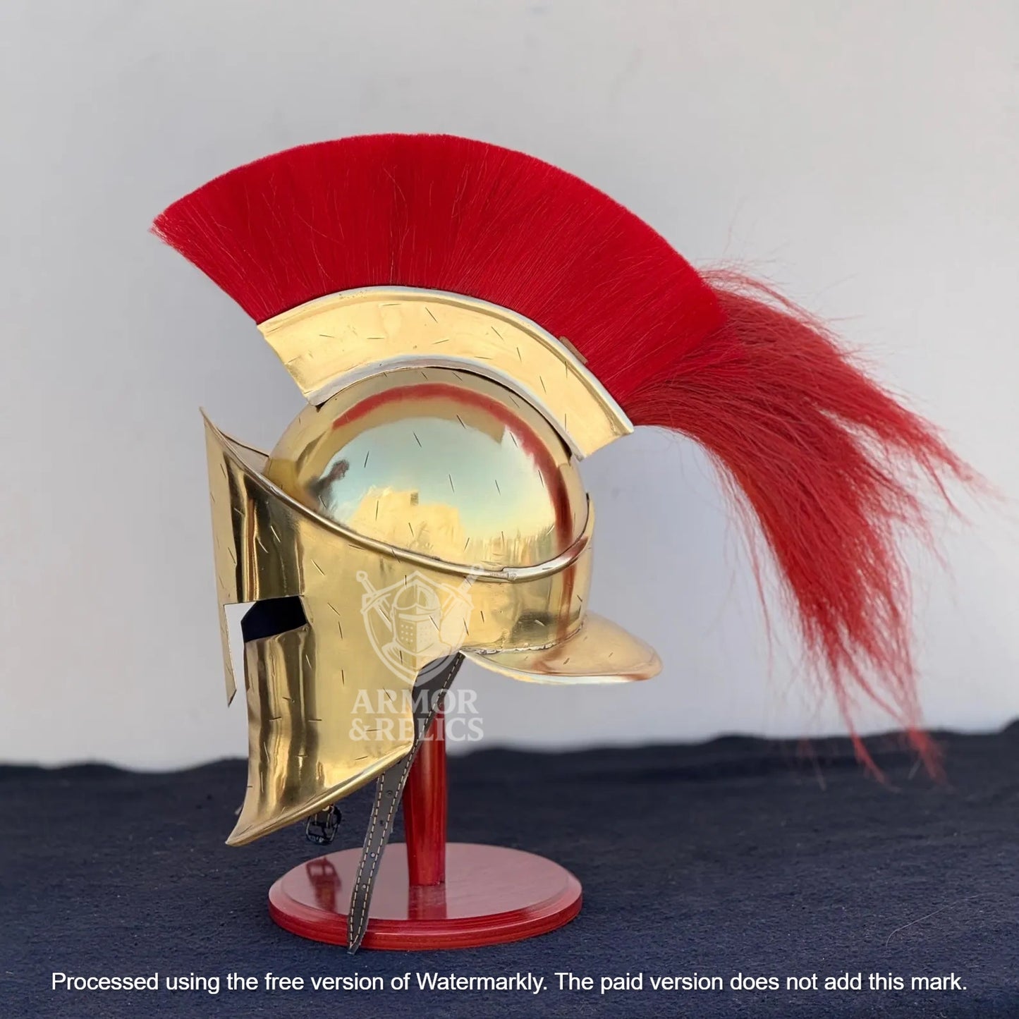 Golden Spartan Helmet – King Leonidas 300 Movie Authentic Replica Steel Knight Helmet with Wooden Display Stand