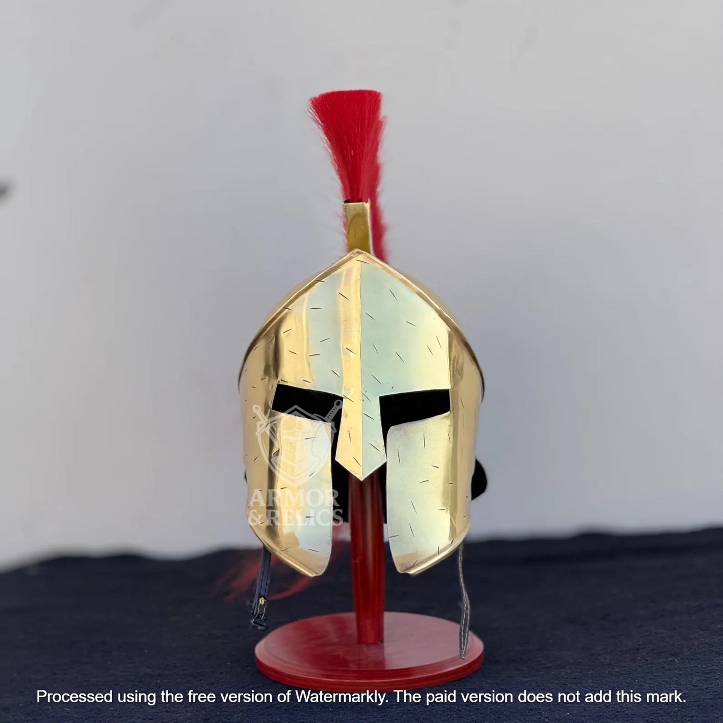 Golden Spartan Helmet – King Leonidas 300 Movie Authentic Replica Steel Knight Helmet with Wooden Display Stand