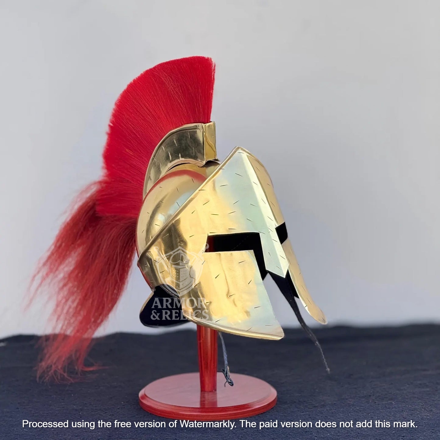 Golden Spartan Helmet – King Leonidas 300 Movie Authentic Replica Steel Knight Helmet with Wooden Display Stand