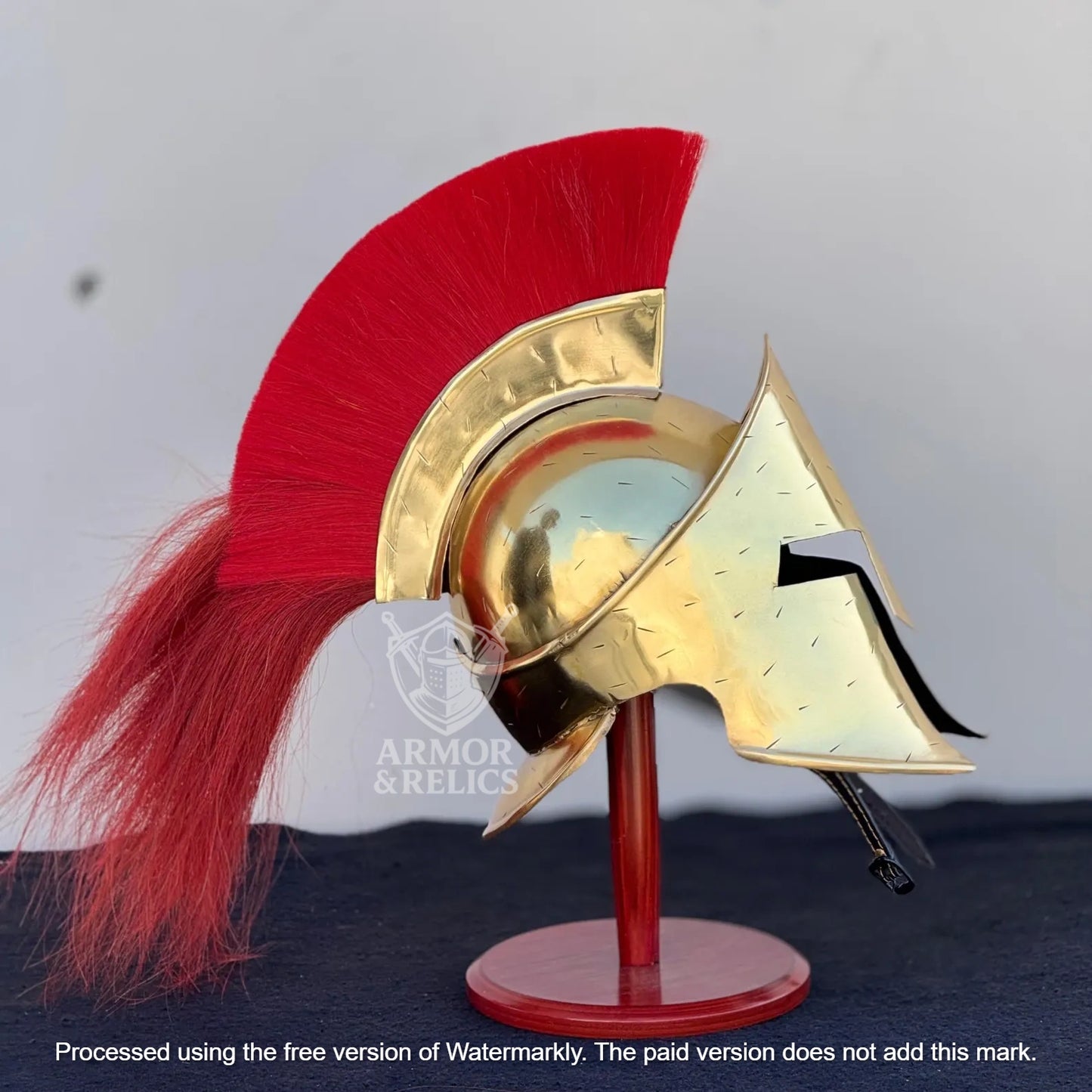 Golden Spartan Helmet – King Leonidas 300 Movie Authentic Replica Steel Knight Helmet with Wooden Display Stand