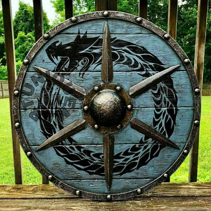 Viking Runes Helm of Awe Aegishjalmur Norse Pattern Wooden Round Shield LARP