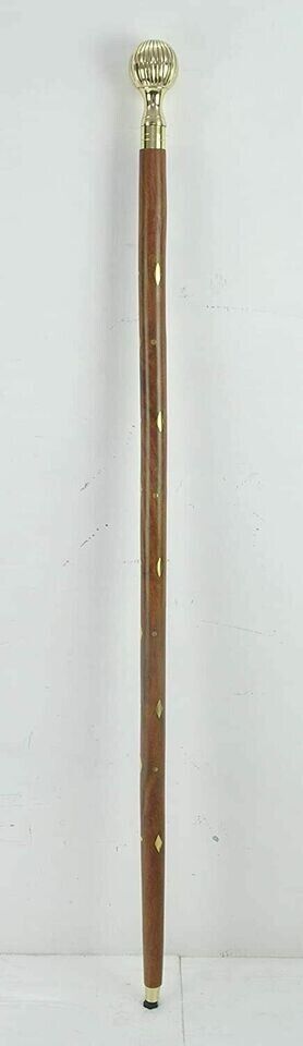 CLASSIC STYLE WOODEN WALKING STICK CANE BRASS LINING BALL HANDLE SHINY POLISHED