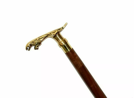 Brass 3 fold Jaguar Handle Wooden Walking Stick nautical Vintage Style Cane gift