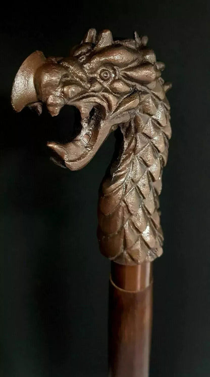 Walking Stick Wooden Cane Style Vintage Dragon Head Copper Antique Metal Handle