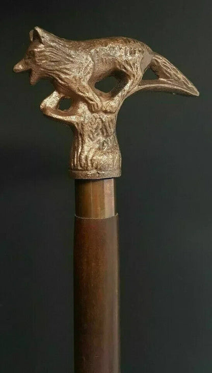 Walking Stick Wooden Cane Style Vintage Fox Head Copper Antique Metal Handle