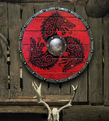 Fenrir Red Wolf Authentic Battle worn Viking Shield Wooden Medieval Round Shield