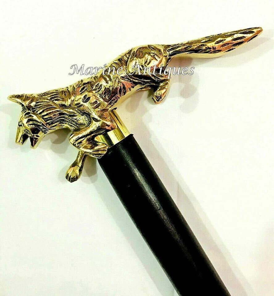 Brass Wolf Handle Black Wooden Walking Stick Vintage Victorian Antique Cane Gift