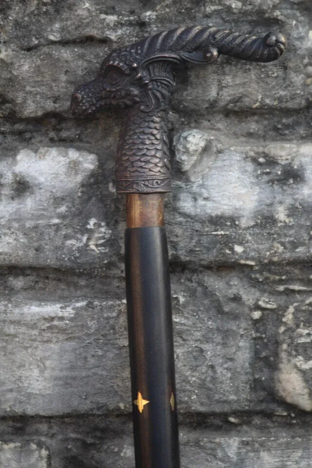 Vintage Cane Alumin Dragon Head Hardwood Walking Stick Antique Men's Cane Gift