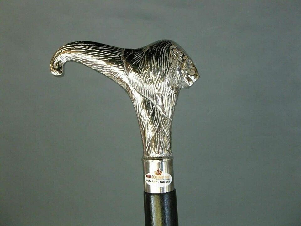 Walking Stick Cane Vintage Style Brass Solid Designer Lion Head Handle Wooden