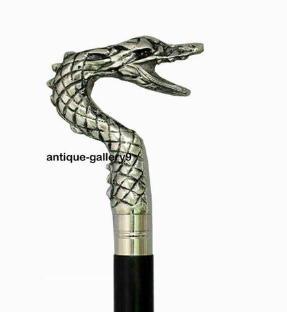 Vintage Aluminum Dragon Silver Handle Walking Stick Wooden Walking Cane Replica