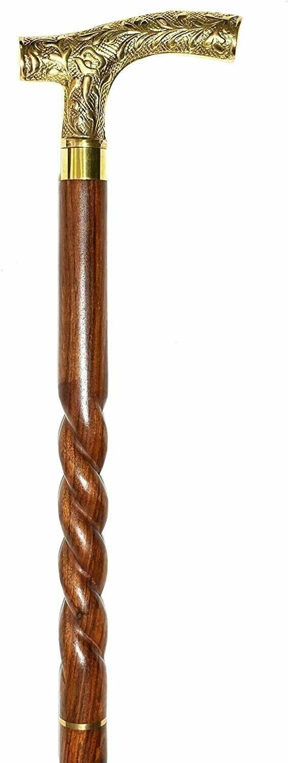 Spiral Brass Victorian Handle Wooden Vintage Style Walking Stick Cane Antique