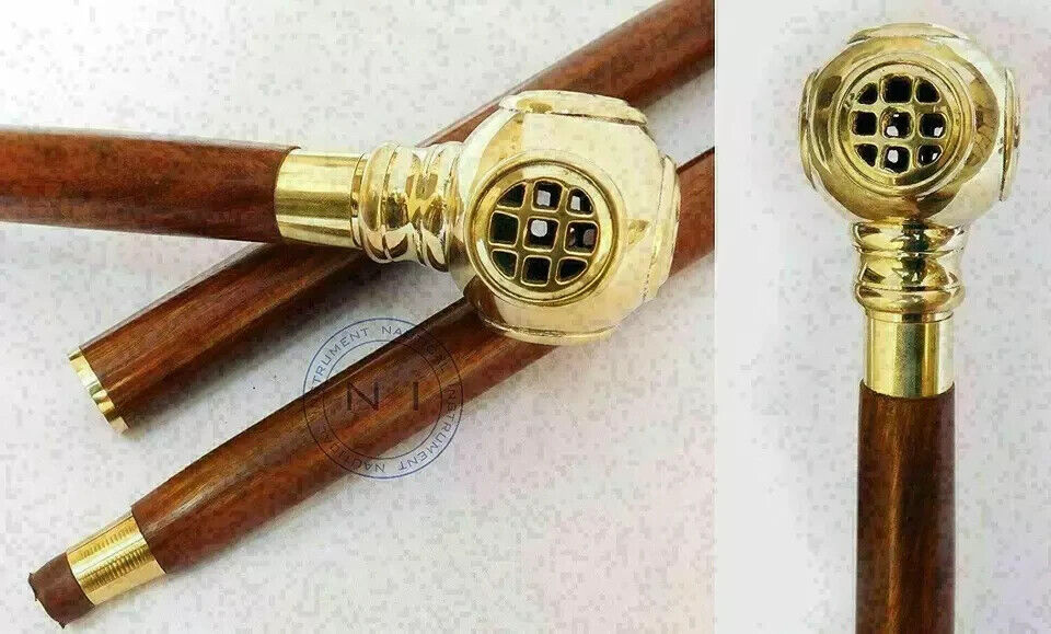 Wooden Walking Stick Handmade Solid Brass Diving Helmet Handle Victorian Cane A