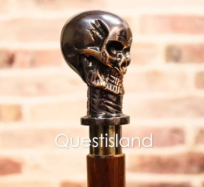 Walking Stick Skull Head Handle Wooden Victorian Foldable Cane Collectable Men's