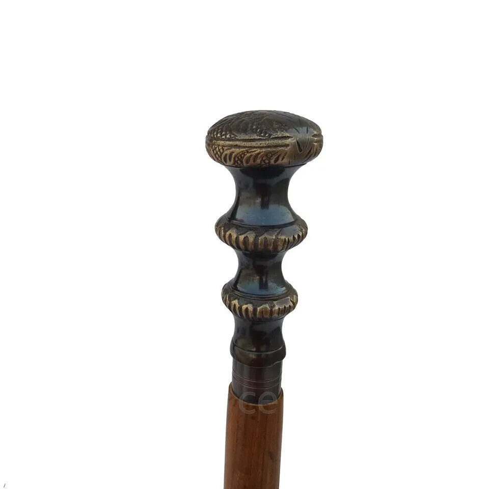 Antique Brass Handle Brown Wooden Walking Stick Cane Vintage Style Handmade Gift