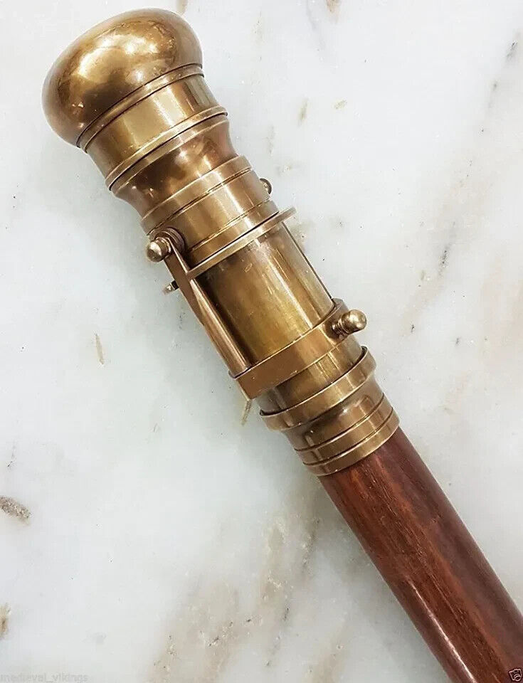 Vintage Solid Brass Handle Victorian Spy Telescope Stick Wooden Walking Cane