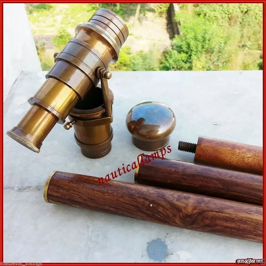 Vintage Solid Brass Handle Victorian Spy Telescope Stick Wooden Walking Cane