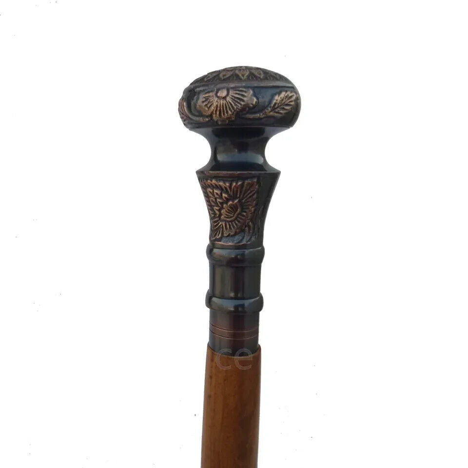 Antique Brass Handle Brown Wooden Walking Stick Cane Vintage Style Handmade Gift