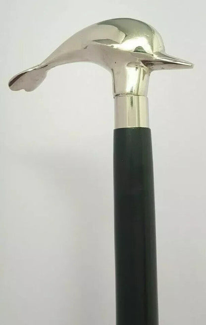 Nautical Silver Brass Dolphin Head Handle Antique Wooden Walking Stick Cane Gift