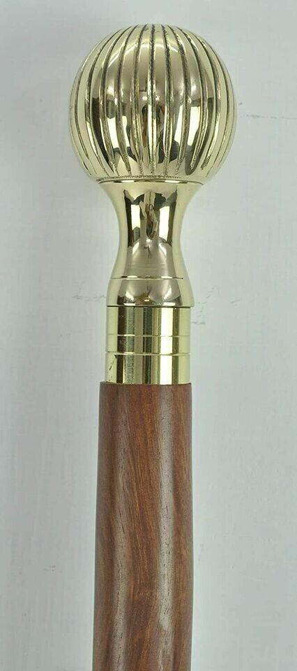 CLASSIC STYLE WOODEN WALKING STICK CANE BRASS LINING BALL HANDLE SHINY POLISHED