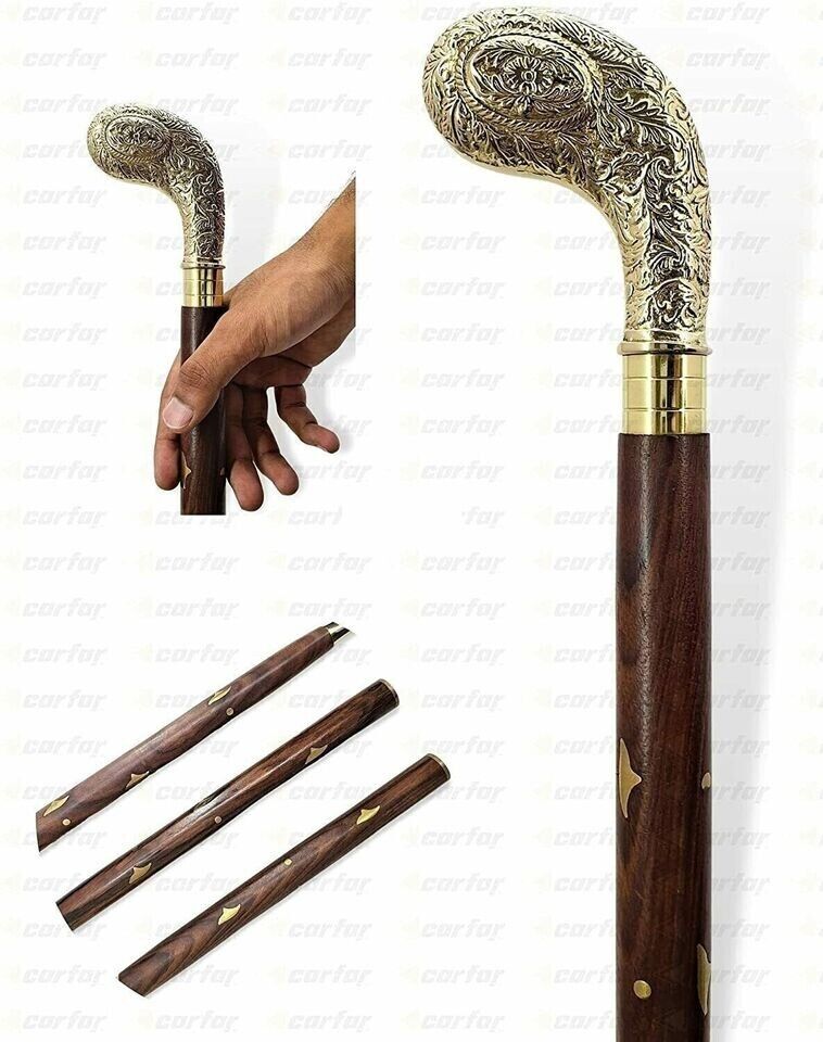 BRASS VINTAGE GOLF HEAD HANDLE WOODEN CANE WALKING STICK DESIGNER GIFT MAN WOMAN