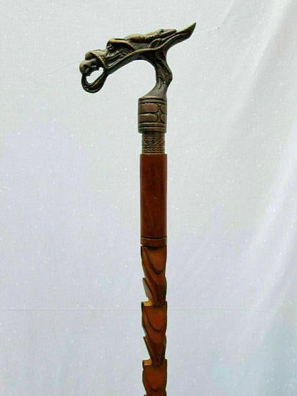 Vintage Dragon Handle Walking Stick Wooden Designer Brown Aluminum Head Cane