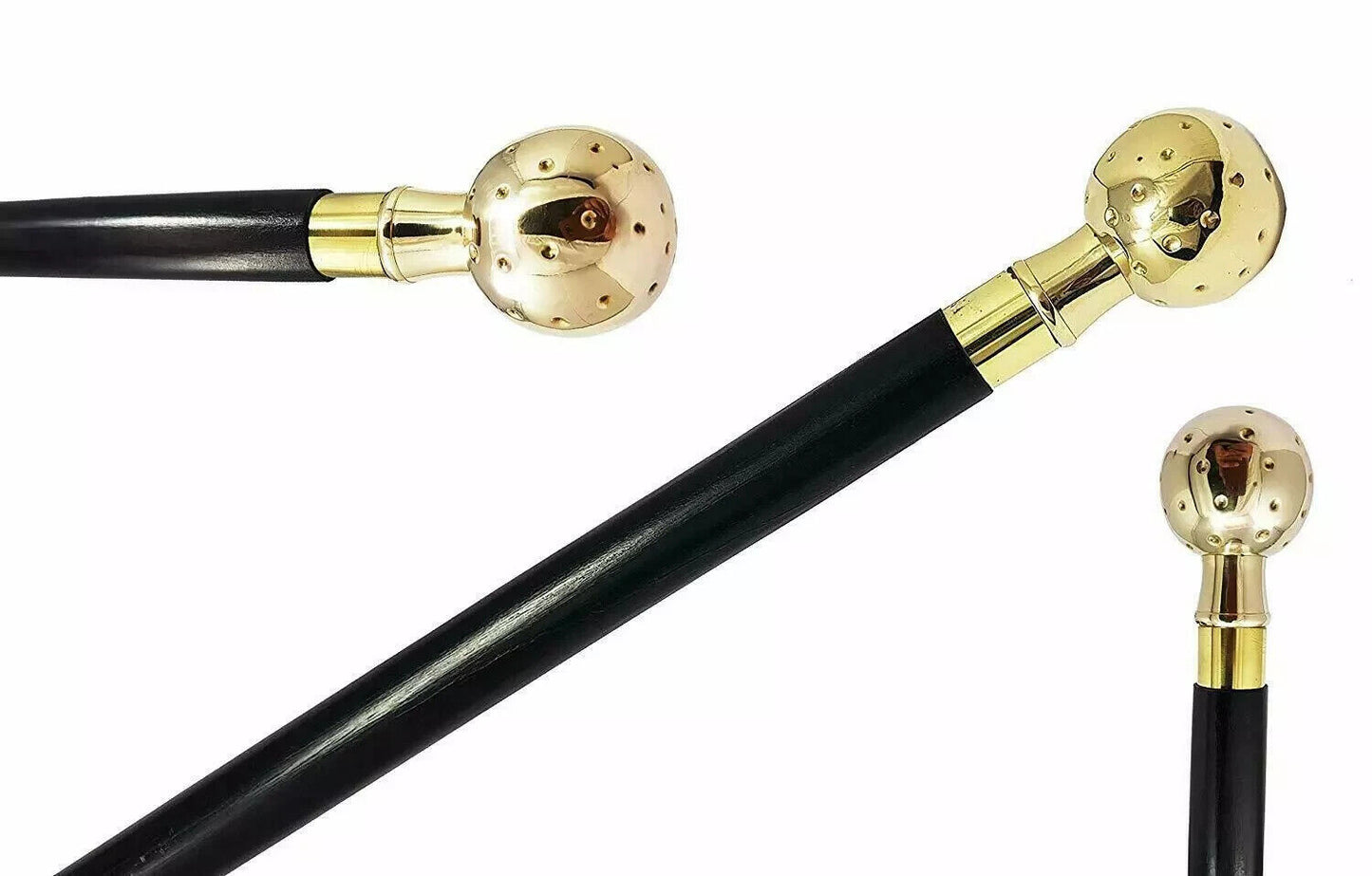 Brass KNOB Handle Black Vintage Wooden Walking Stick Cane Golden HALLOWEEN GIFT