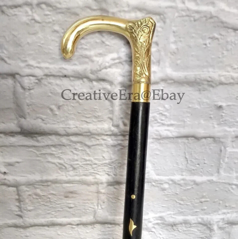 Antique Brass Vintage Head Handle Walking Stick Black Wooden Brass Inlaid Cane