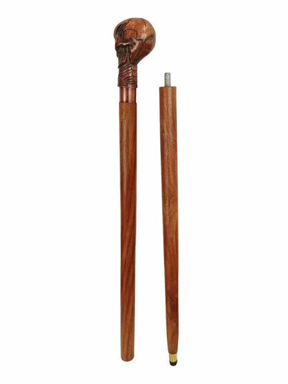 Vintage Antique brass skull head handle 3 fold wooden walking cane stick designe