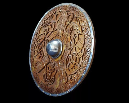 Medieval Hand Carved Wooden Viking Shield With Steel umbo