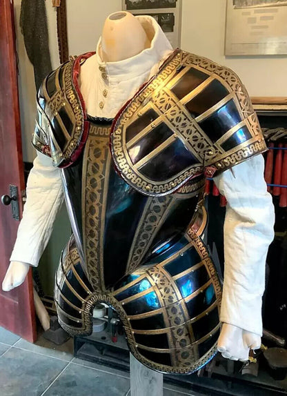 This stunning Medieval German Armour of Gold Etched Knight Suit of Armor Replica