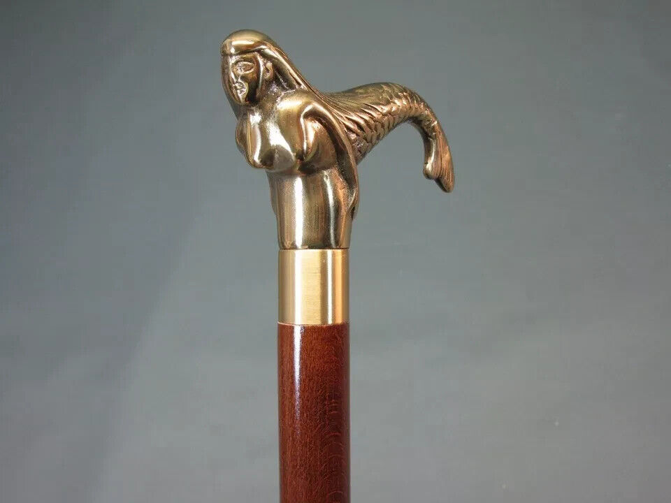 Mermaid Brass Head handle Vintage Style Handle Wooden Walking Stick Shaft Cane