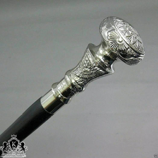 Vintage Antique Walking Cane Wooden Walking Stick Silver Brass Handle Knob Gift