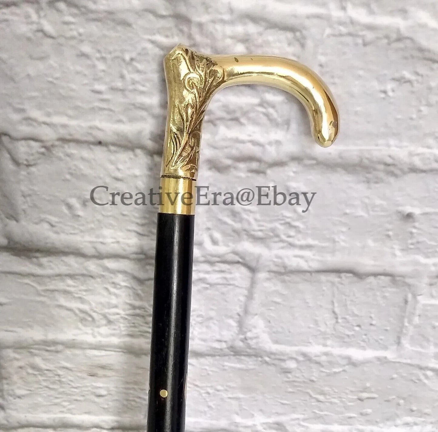 Antique Brass Vintage Head Handle Walking Stick Black Wooden Brass Inlaid Cane