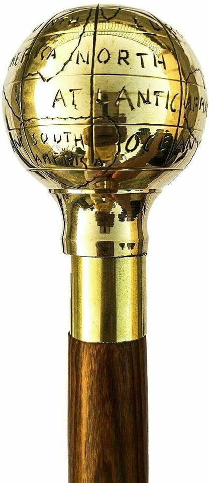 Solid Brass Nautical Wooden Cane World Globe Vintage Walking Stick Fold