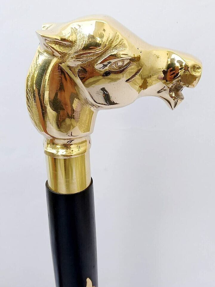 Wooden Walking Cane Long Horse Head golden Brass Handle Vintage Style Stick wand